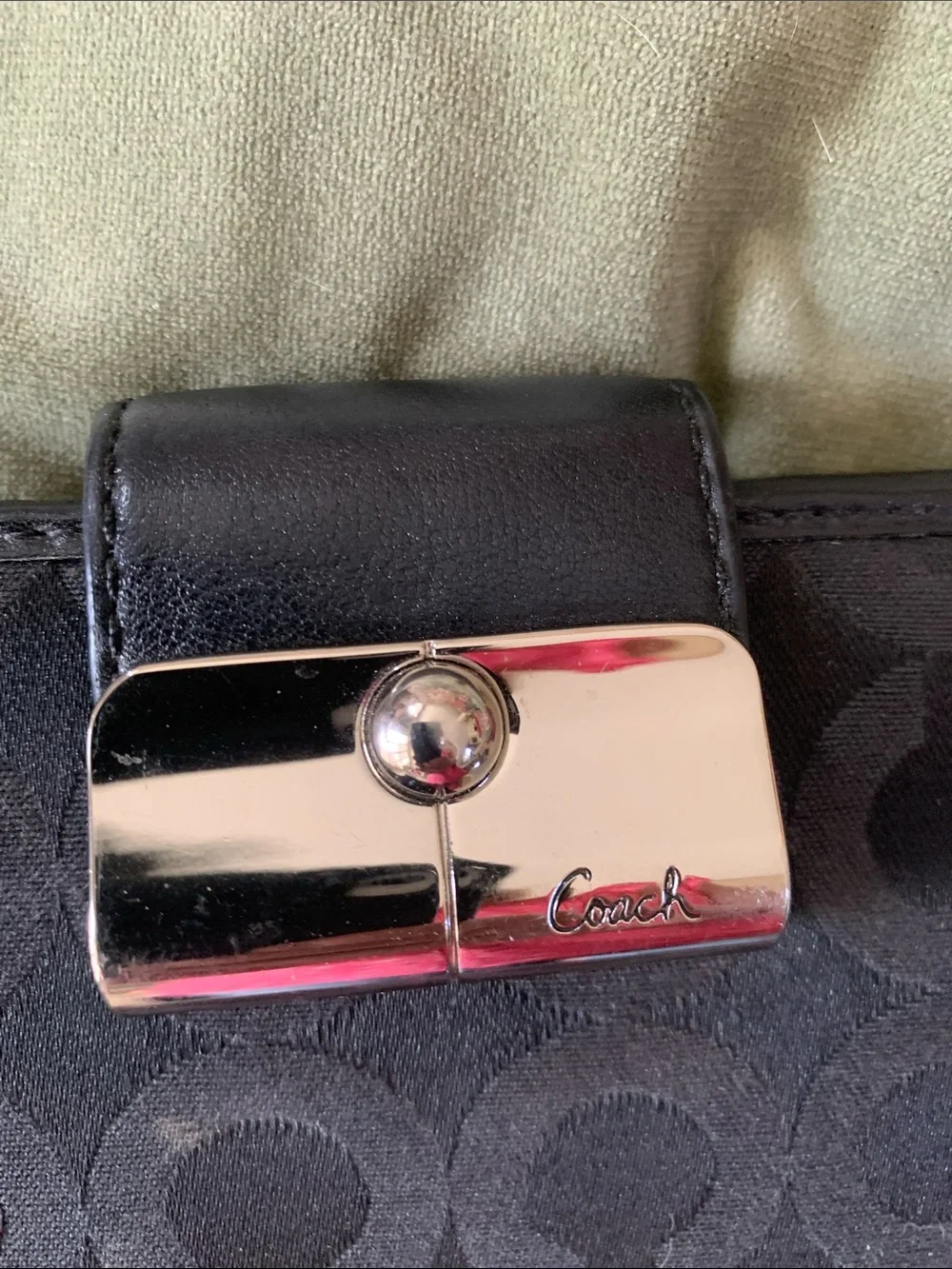 Coach Black Signature Jacquard Compact Wallet with Silver-Tone Clasp